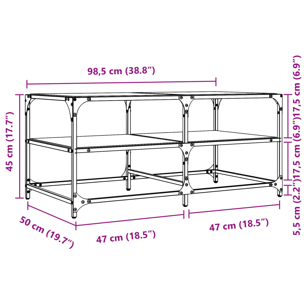 vidaXL Coffee Table with Transparent Glass Top 98.5x50x45 cm Steel