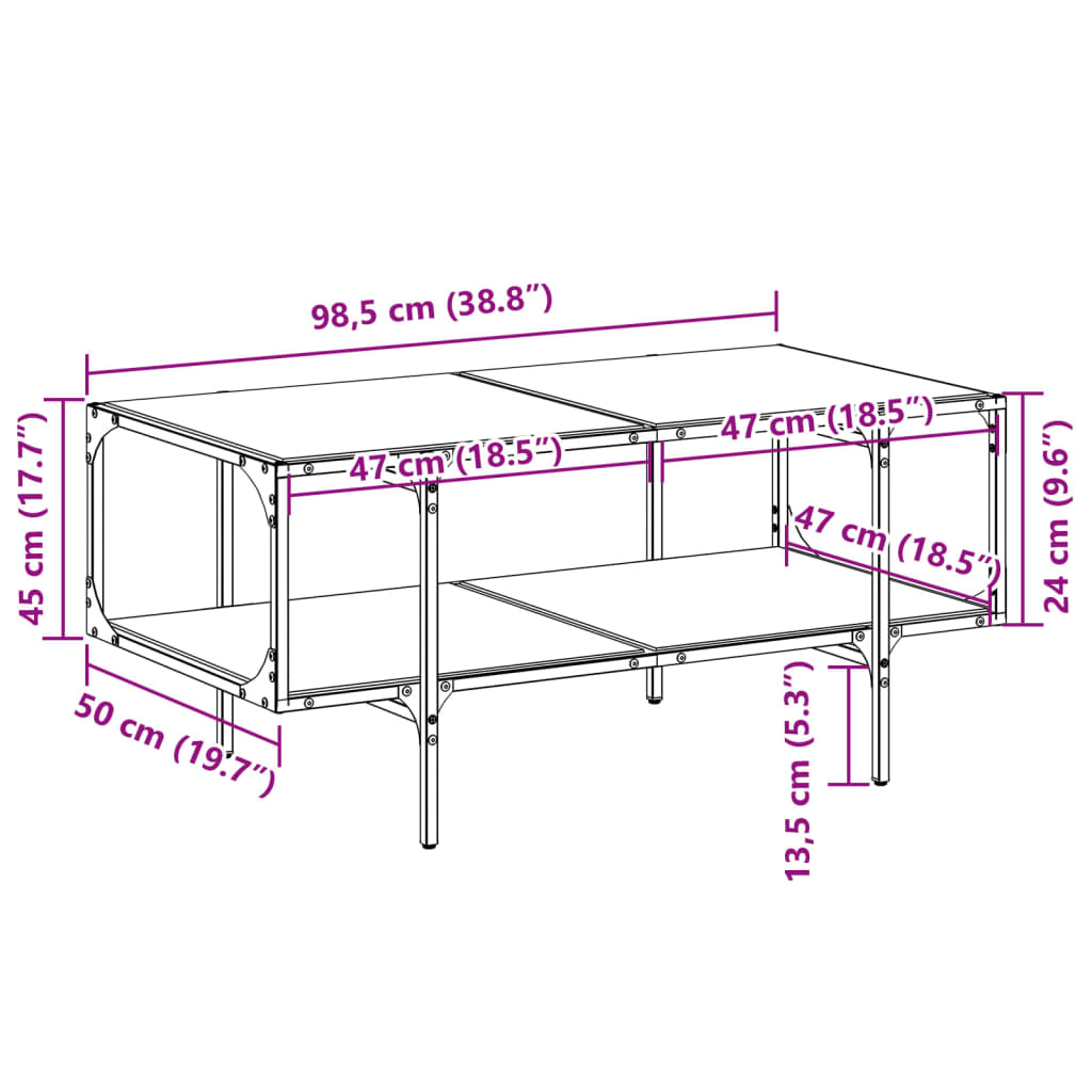 vidaXL Coffee Table with Black Glass Top 98.5x50x45 cm Steel