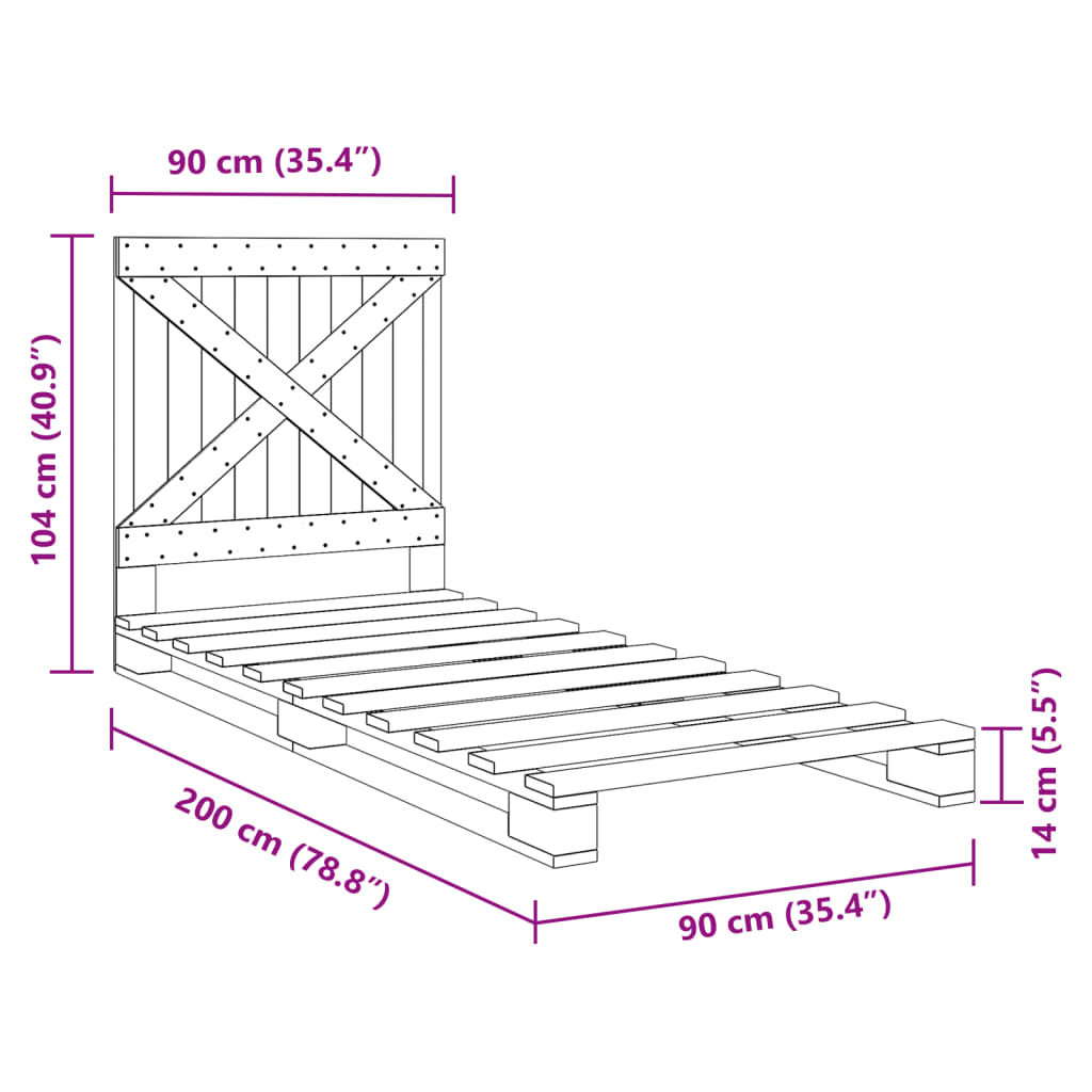 vidaXL Bed Frame without Mattress Grey 90x200 cm Solid Wood Pine