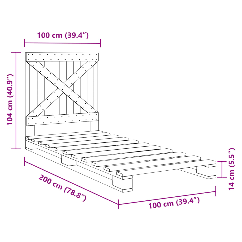 vidaXL Bed Frame without Mattress Grey 100x200 cm Solid Wood Pine
