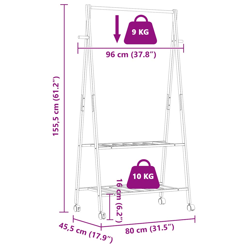 vidaXL Clothes Rack with Shelves and Wheels 96x45,5x155,5 cm Bamboo