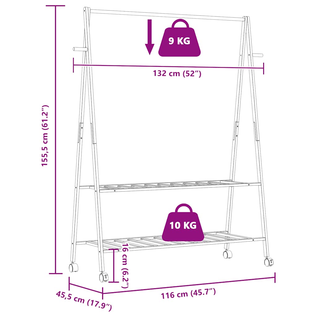 vidaXL Clothes Rack with Shelves and Wheels 132x45.5x155.5 cm Bamboo