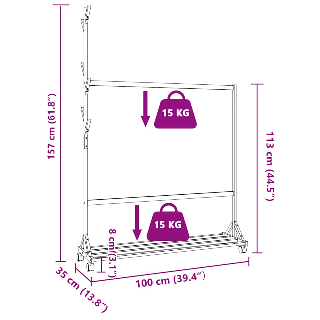 vidaXL Clothes Rack with Hooks and Wheels 100x35x157 cm Bamboo