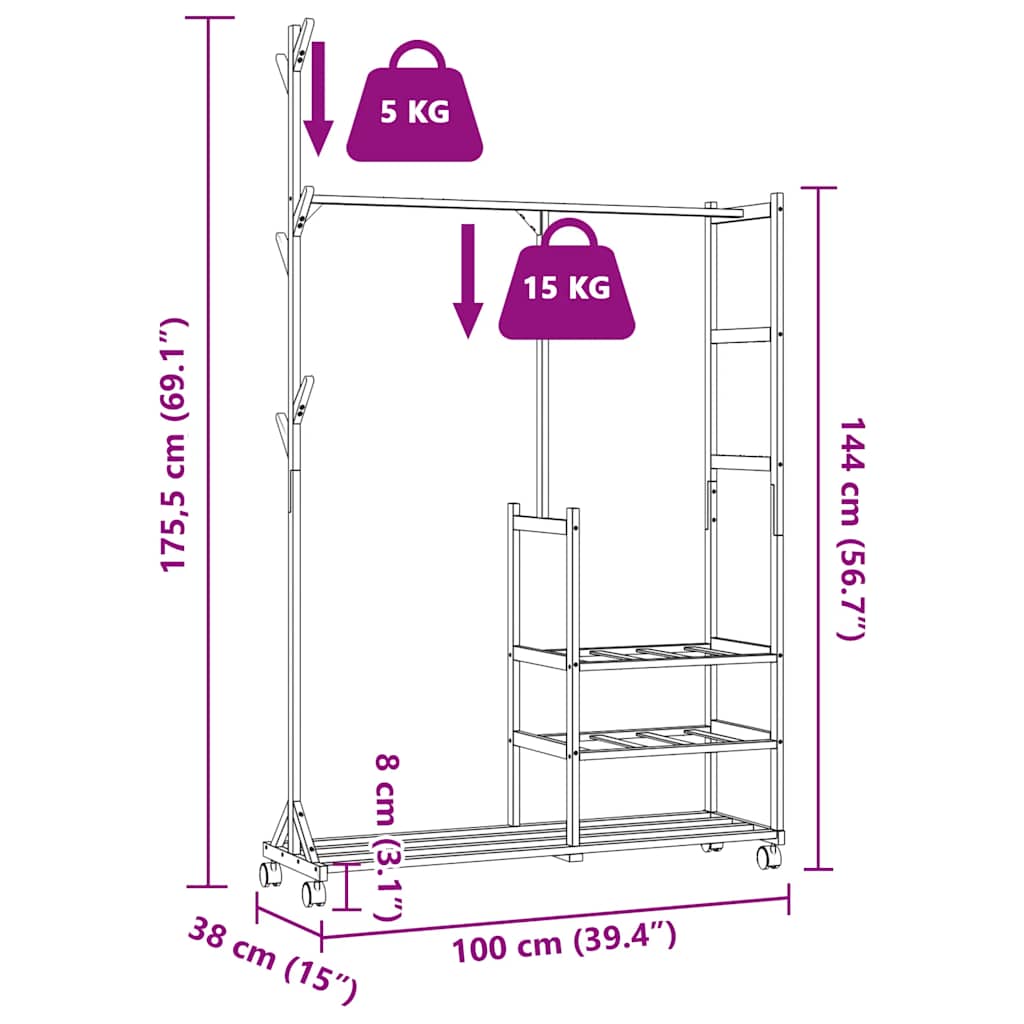vidaXL Clothes Rack | Natural Bamboo | Bamboo | 100x38x175.5 cm | Rollable