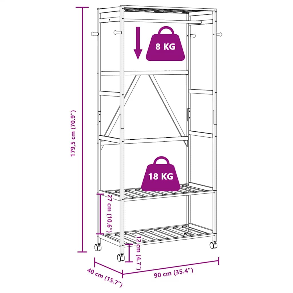 vidaXL Clothes Rack with Shelves and Wheels 90x40x179.5 cm Bamboo