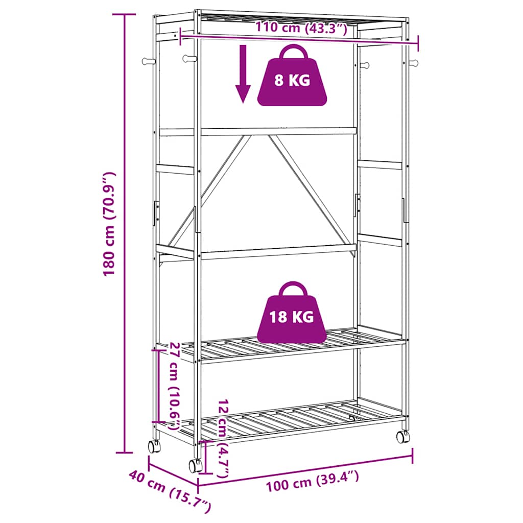 vidaXL Clothes Rack with Shelves and Wheels 110x40x180 cm Bamboo