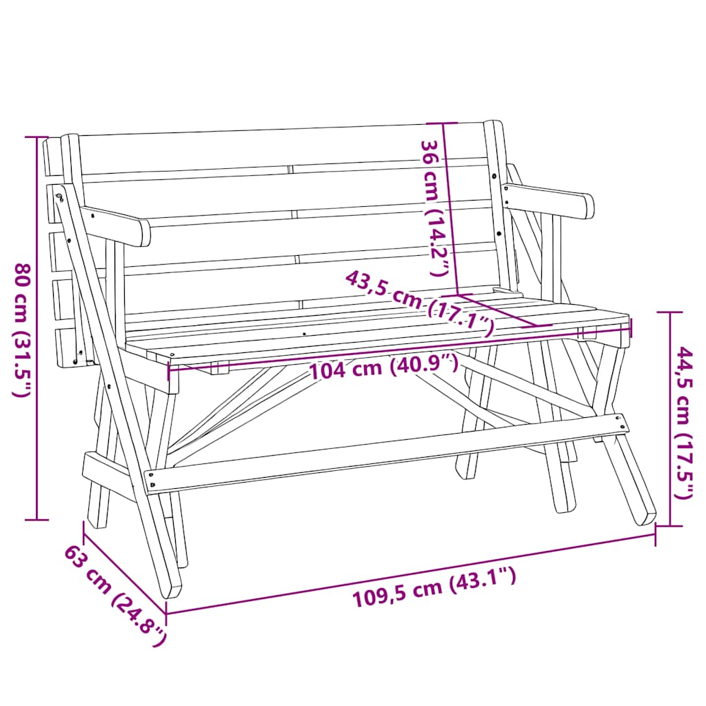 vidaXL Picnic Table with Benches Solid Wood Fir 2-in-1 Convertible