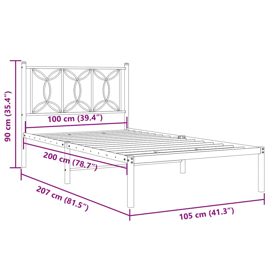 vidaXL Metal Bed Frame without Mattress with Headboard Black 100x200cm