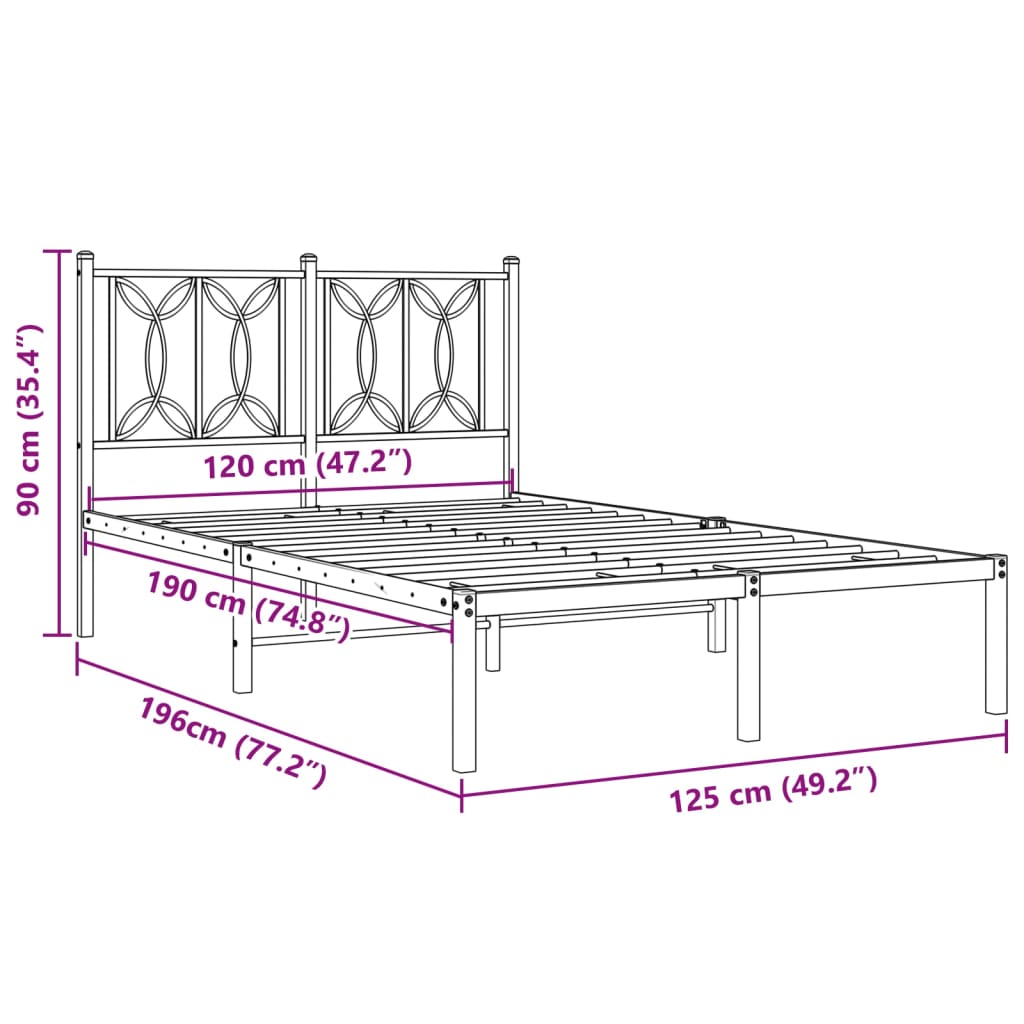 vidaXL Metal Bed Frame without Mattress with Headboard Black 120x190cm