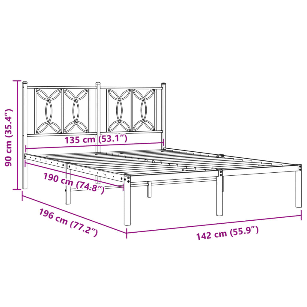 vidaXL Metal Bed Frame without Mattress with Headboard Black 135x190cm