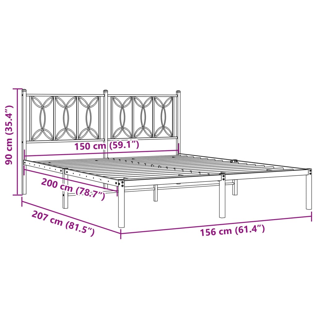 vidaXL Metal Bed Frame without Mattress with Headboard Black 150x200cm