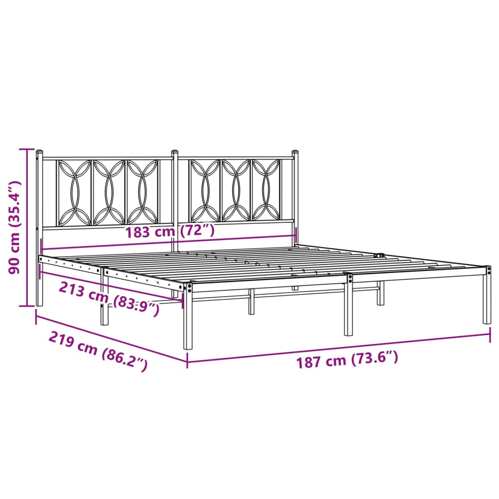 vidaXL Metal Bed Frame without Mattress with Headboard Black 183x213cm