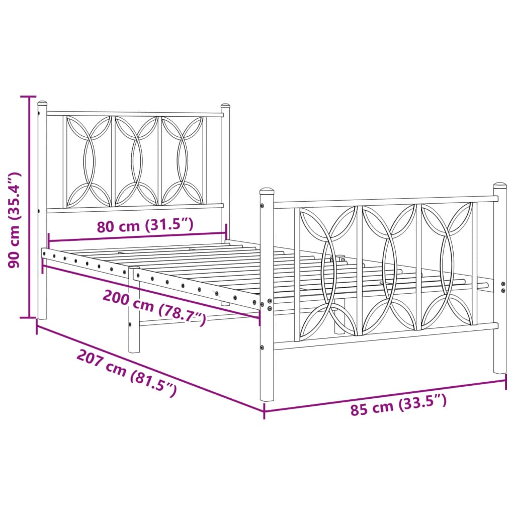 vidaXL Metal Bed Frame without Mattress with Footboard Black 80x200cm