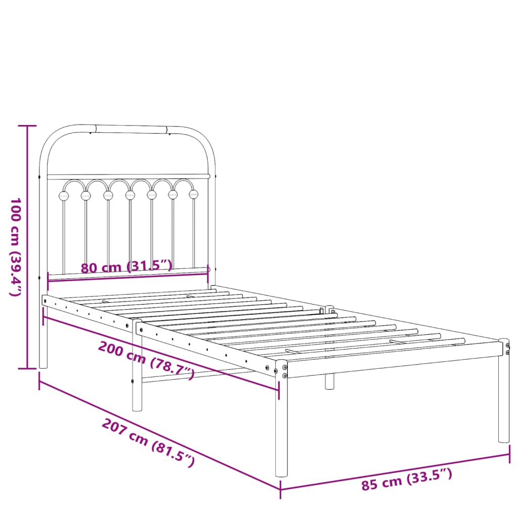 vidaXL Metal Bed Frame without Mattress with Headboard Black 80x200cm