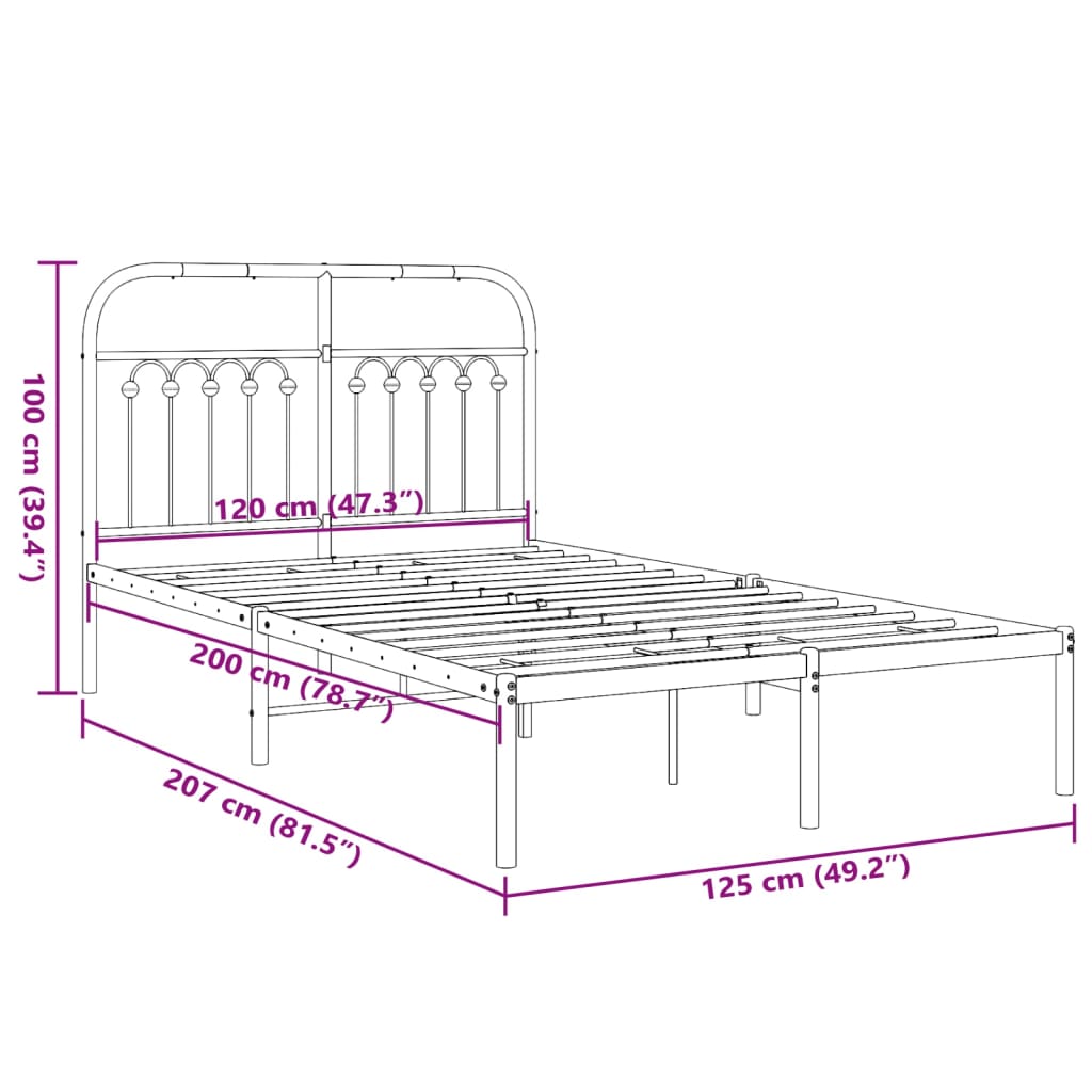 vidaXL Metal Bed Frame without Mattress with Headboard Black 120x200cm