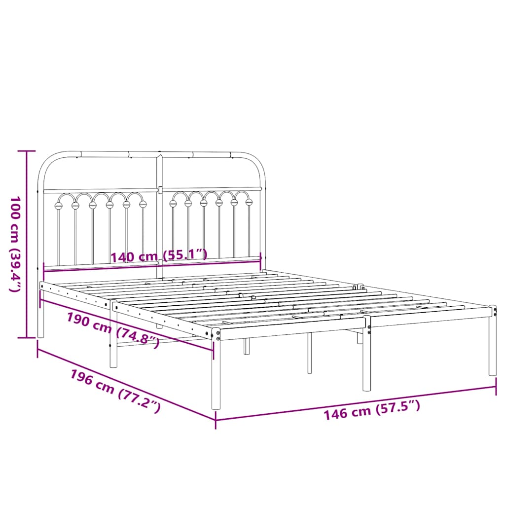 vidaXL Metal Bed Frame without Mattress with Headboard Black 140x190cm