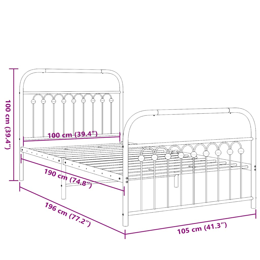 vidaXL Metal Bed Frame without Mattress with Footboard Black 100x190cm