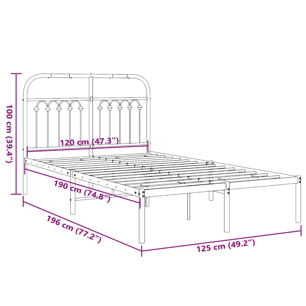 vidaXL Metal Bed Frame without Mattress with Headboard White 120x190cm