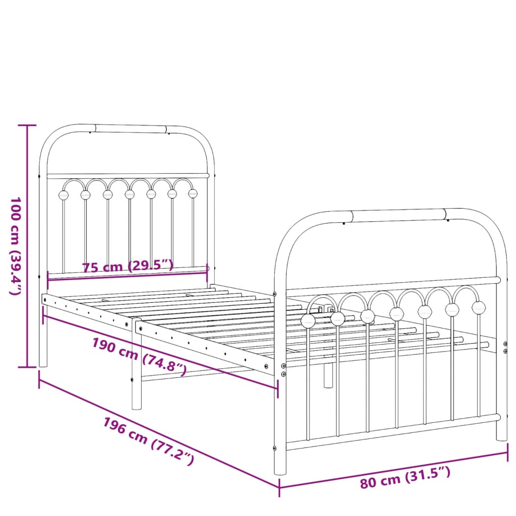 vidaXL Metal Bed Frame without Mattress with Footboard White 75x190cm