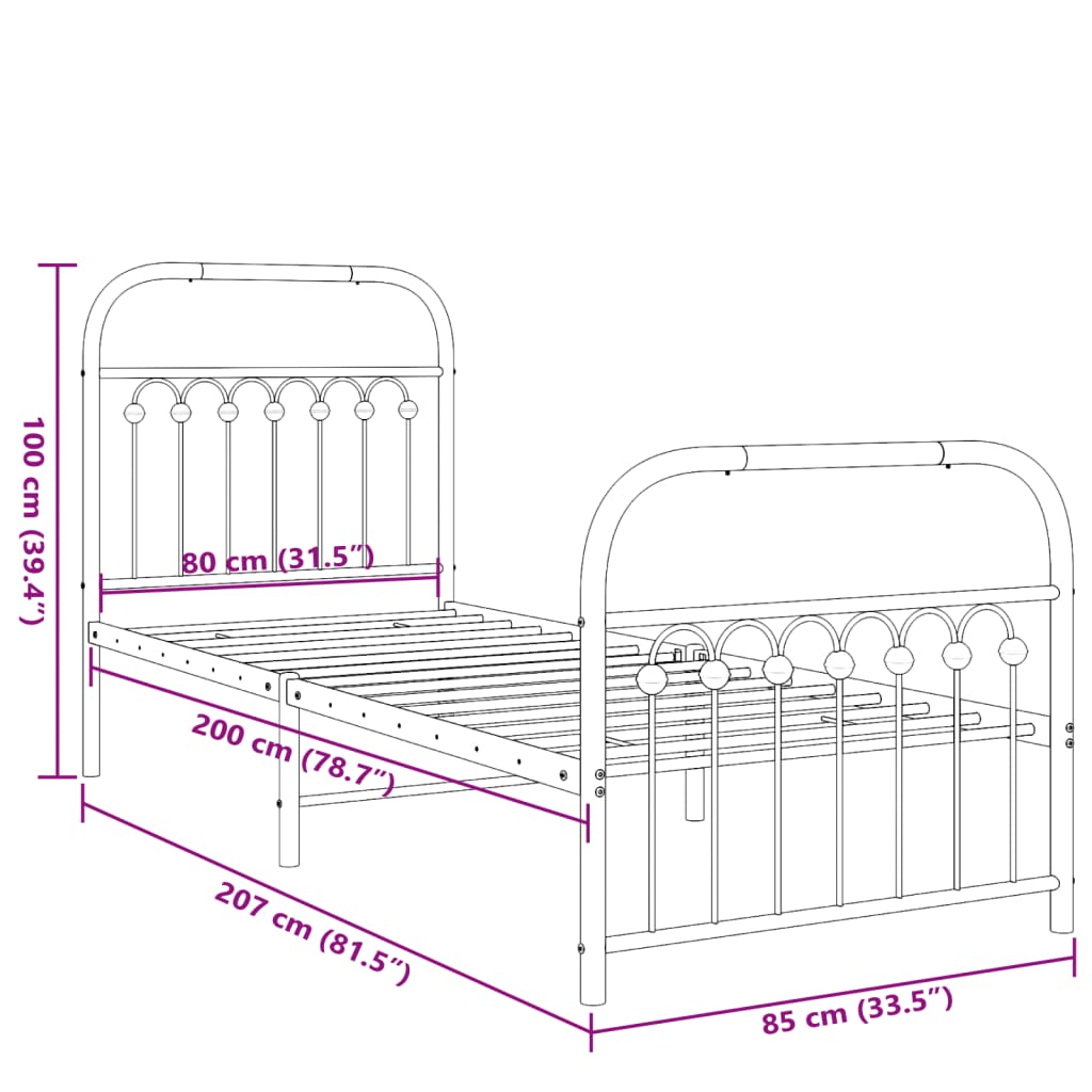 vidaXL Metal Bed Frame without Mattress with Footboard White 80x200cm