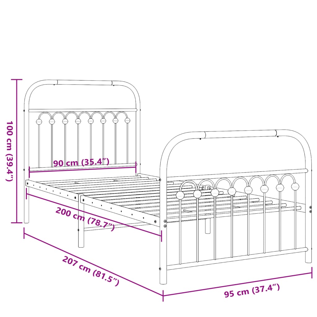 vidaXL Metal Bed Frame without Mattress with Footboard White 90x200cm