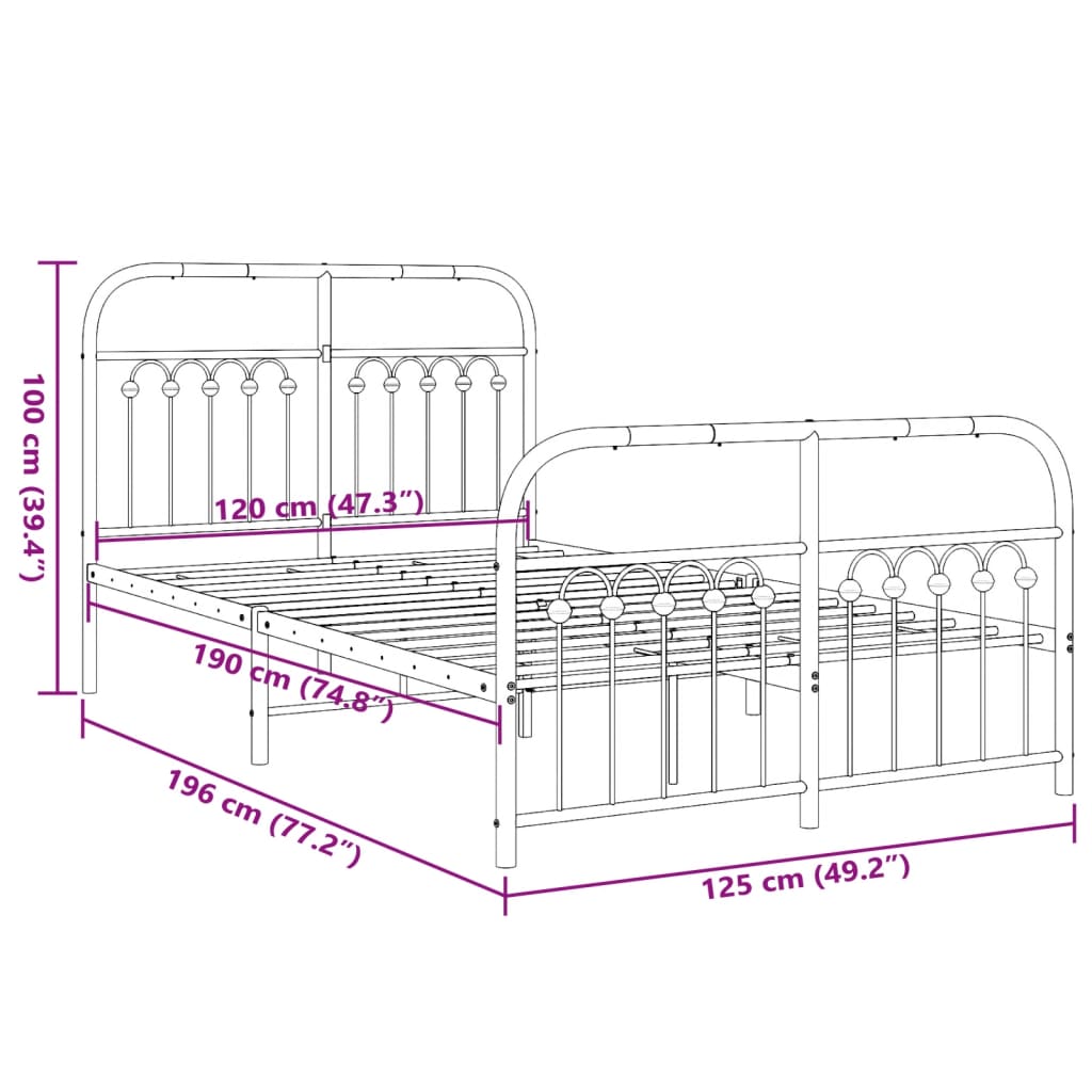 vidaXL Metal Bed Frame without Mattress with Footboard White 120x190cm