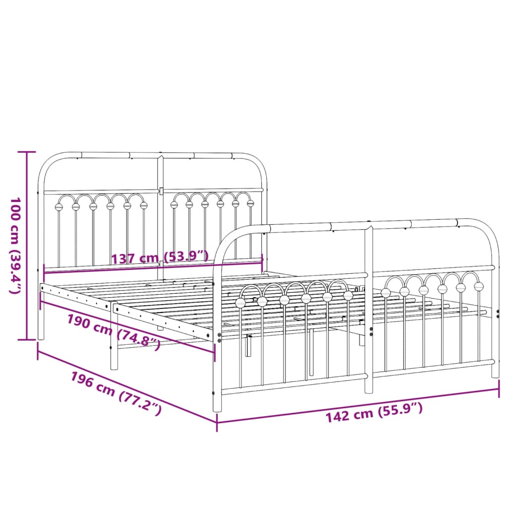 vidaXL Metal Bed Frame without Mattress with Footboard White 137x190cm