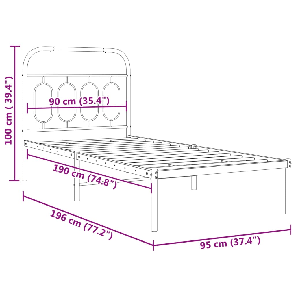 vidaXL Metal Bed Frame without Mattress with Headboard Black 90x190cm