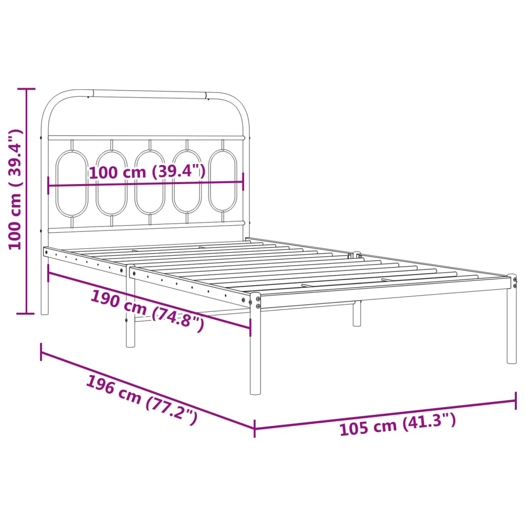 vidaXL Metal Bed Frame without Mattress with Headboard Black 100x190cm