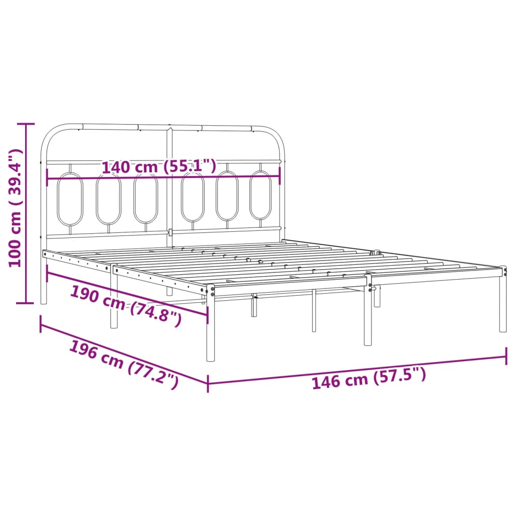 vidaXL Metal Bed Frame without Mattress with Headboard Black 140x190cm