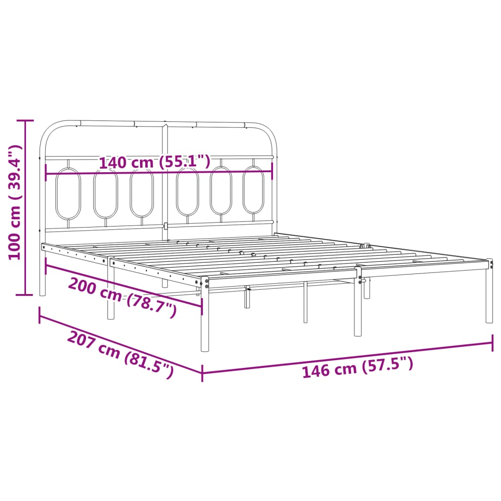 vidaXL Metal Bed Frame without Mattress with Headboard Black 140x200cm