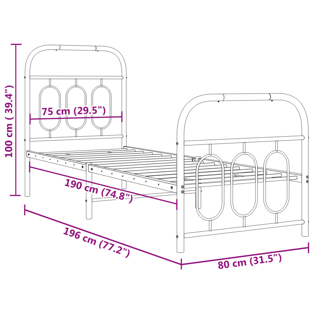 vidaXL Metal Bed Frame without Mattress with Footboard Black 75x190cm