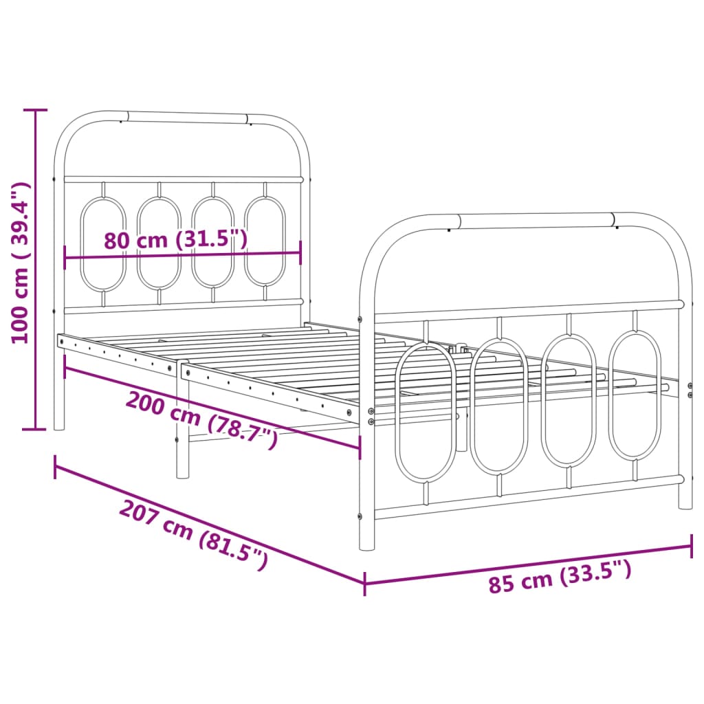 vidaXL Metal Bed Frame without Mattress with Footboard Black 80x200cm