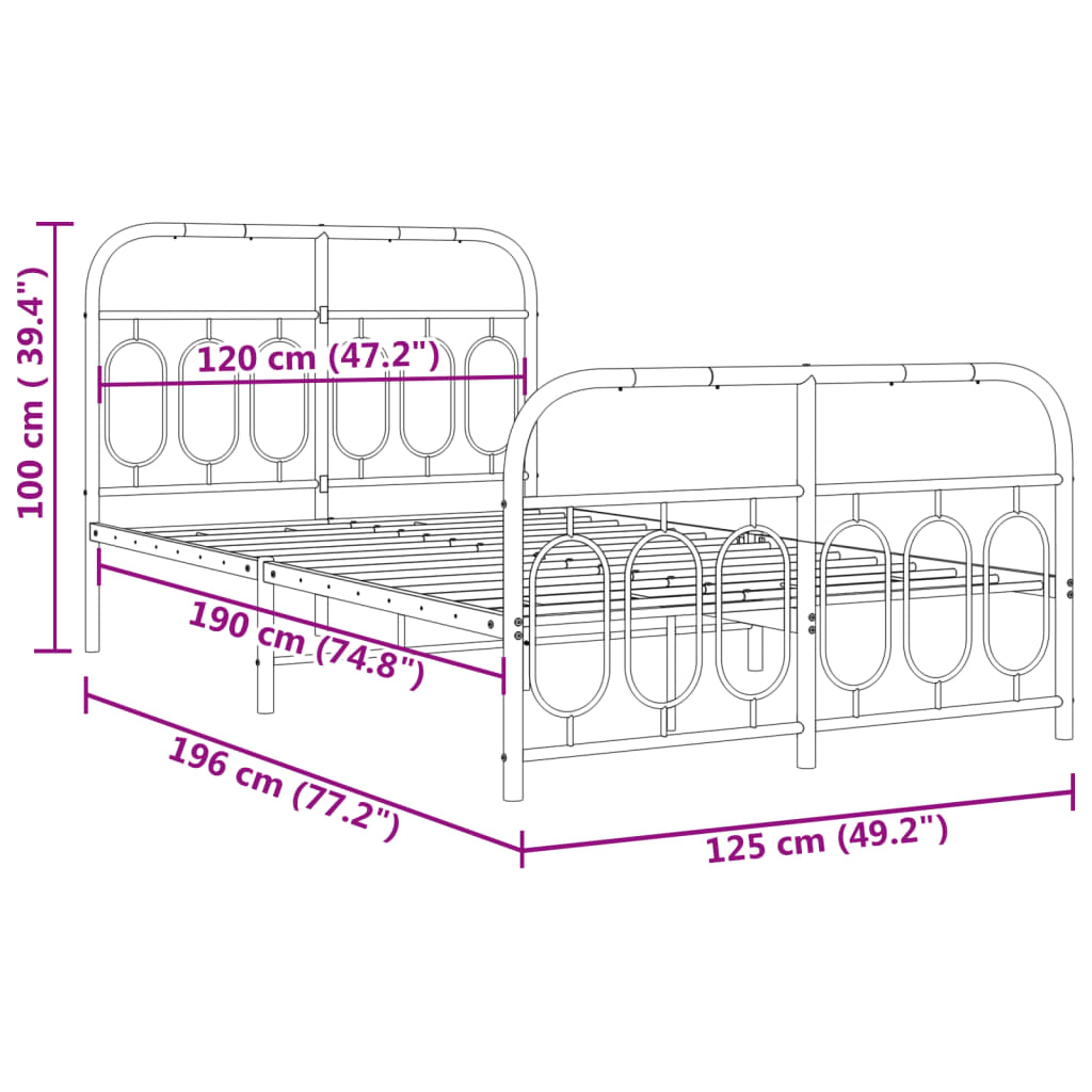 vidaXL Metal Bed Frame without Mattress with Footboard Black 120x190cm