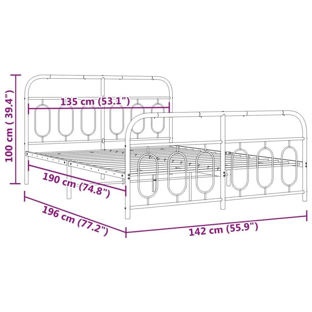 vidaXL Metal Bed Frame without Mattress with Footboard Black 135x190cm