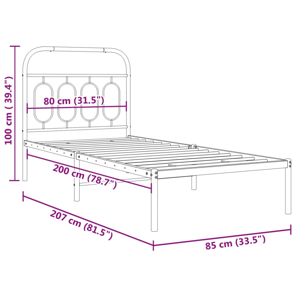 vidaXL Metal Bed Frame without Mattress with Headboard White 80x200cm
