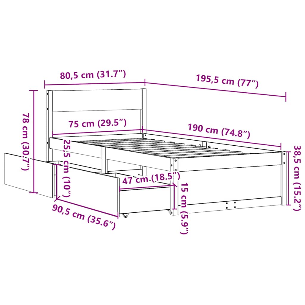 vidaXL Bed Frame without Mattress White 75x190 cm Small Single Solid Wood Pine