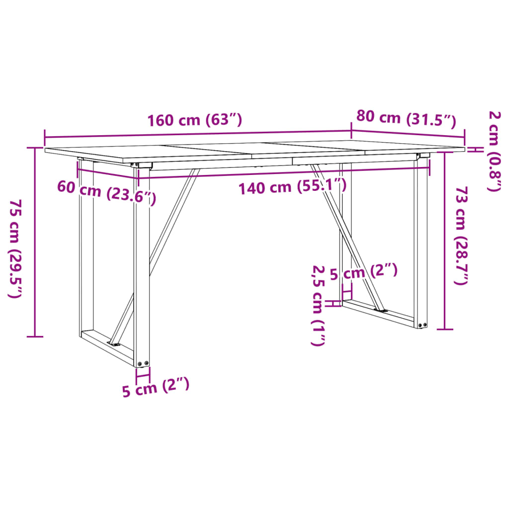 vidaXL Dining Table O-Frame 160x80x75 cm Solid Wood Pine and Steel