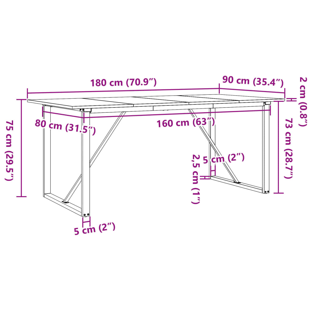 vidaXL Dining Table O-Frame 180x90x75 cm Solid Wood Pine and Steel