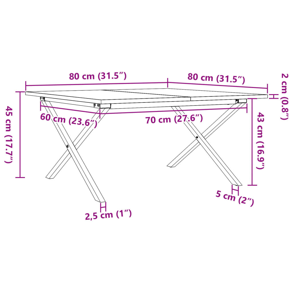 vidaXL Coffee Table X-Frame 80x80x45 cm Solid Wood Pine and Steel