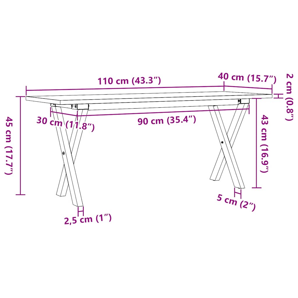 vidaXL Coffee Table X-Frame 110x40x45 cm Solid Wood Pine and Steel