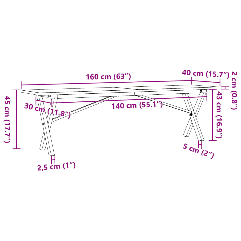vidaXL Coffee Table X-Frame 160x40x45 cm Solid Wood Pine and Steel
