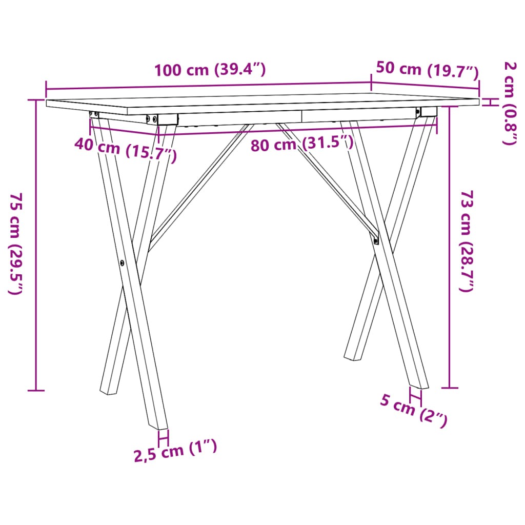 vidaXL Dining Table X-Frame 100x50x75 cm Solid Wood Pine and Steel