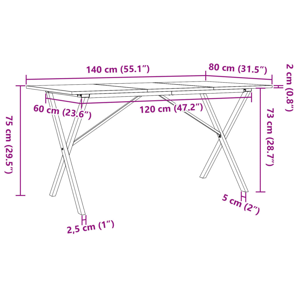 vidaXL Dining Table X-Frame 140x80x75 cm Solid Wood Pine and Steel