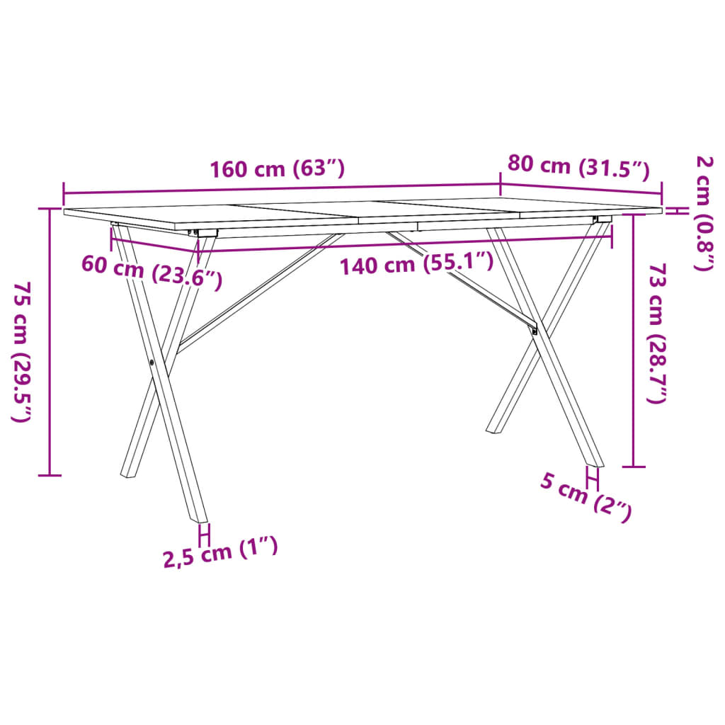 vidaXL Dining Table X-Frame 160x80x75 cm Solid Wood Pine and Steel