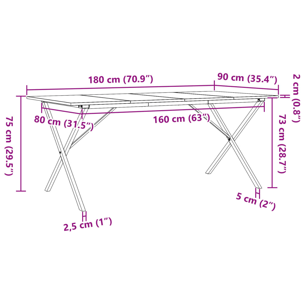 vidaXL Dining Table X-Frame 180x90x75 cm Solid Wood Pine and Steel
