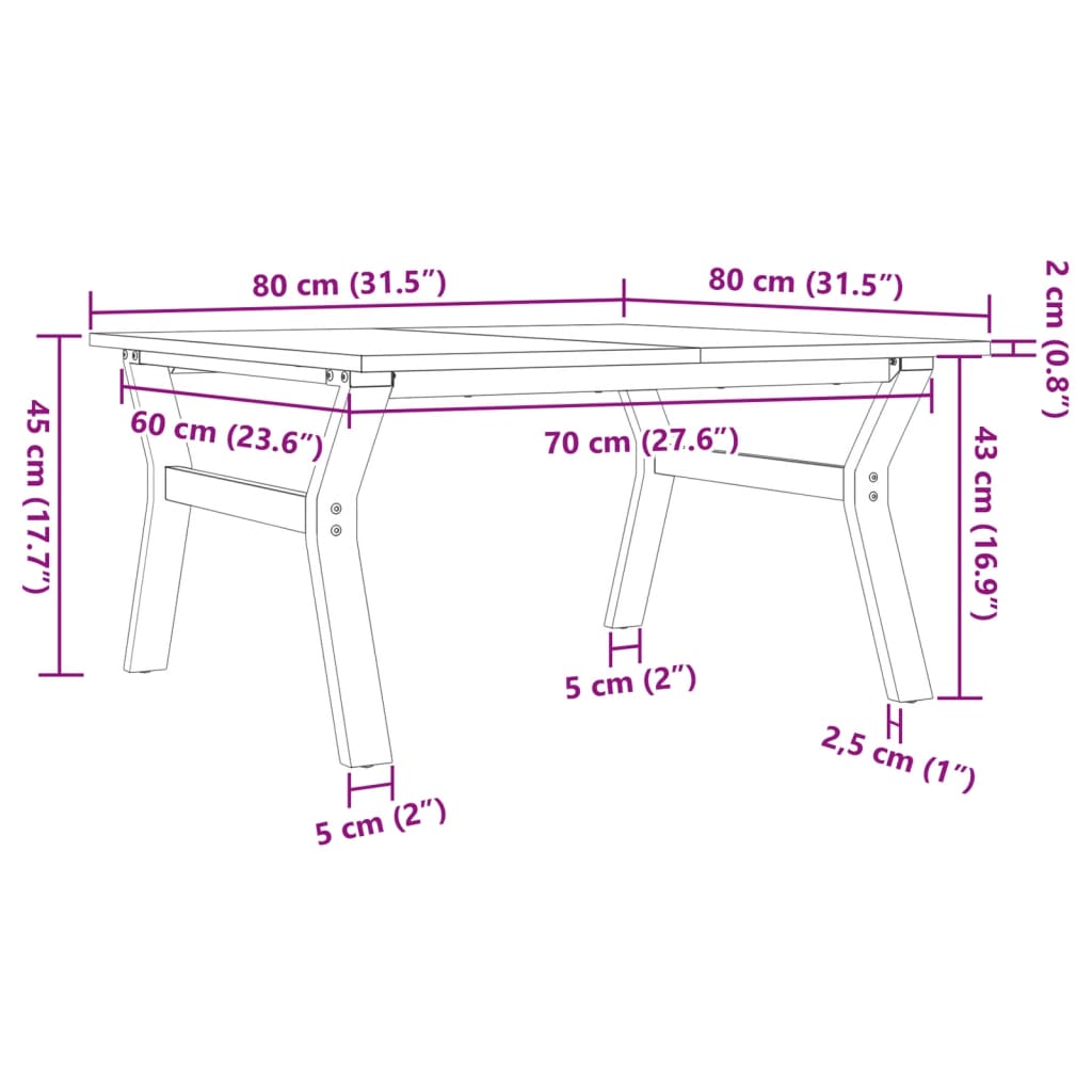 vidaXL Coffee Table Y-Frame 80x80x45 cm Solid Wood Pine and Steel