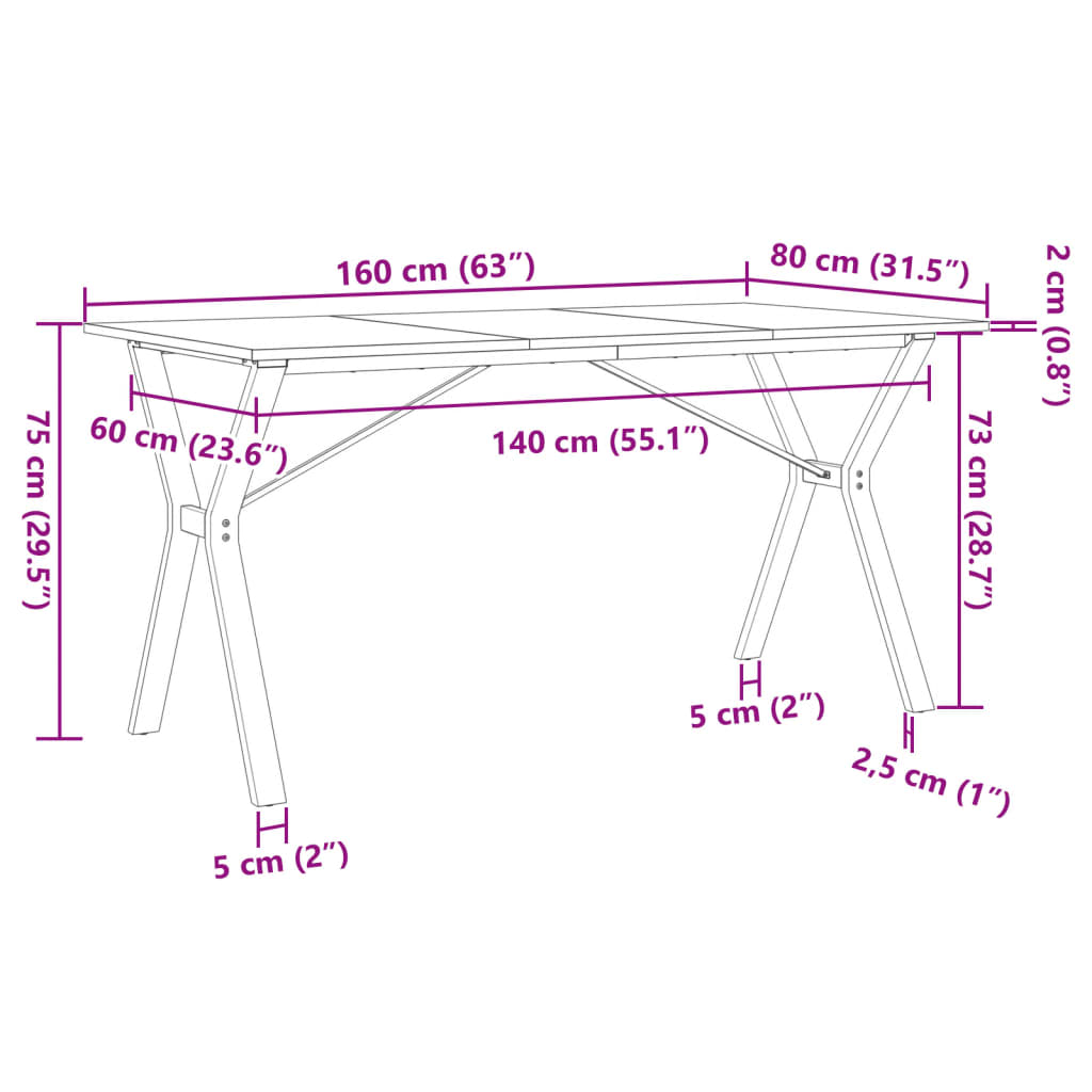 vidaXL Dining Table Y-Frame 160x80x75 cm Solid Wood Pine and Steel
