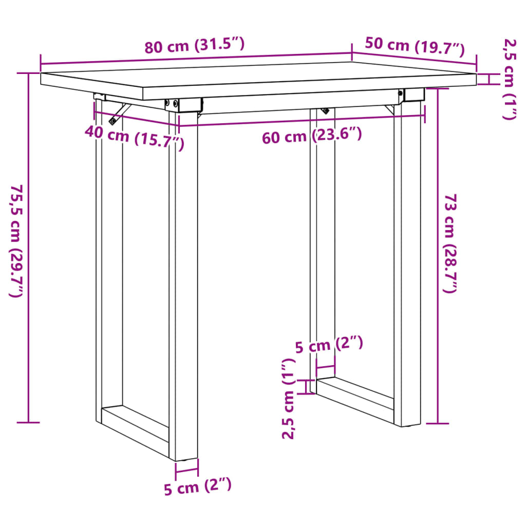 vidaXL Dining Table O-Frame 80x50x75,5 cm Solid Wood Pine and Steel