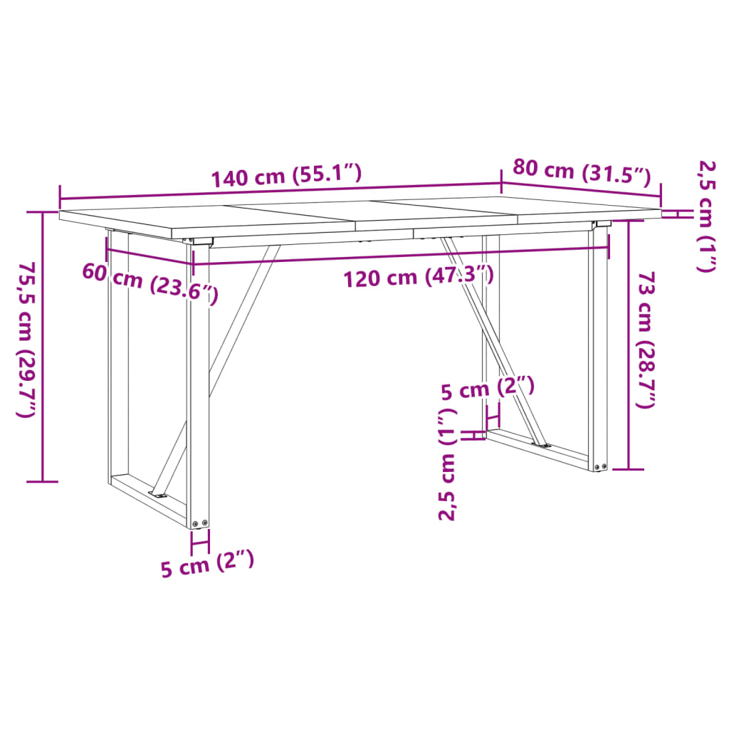 vidaXL Dining Table O-Frame 140x80x75,5 cm Solid Wood Pine and Steel